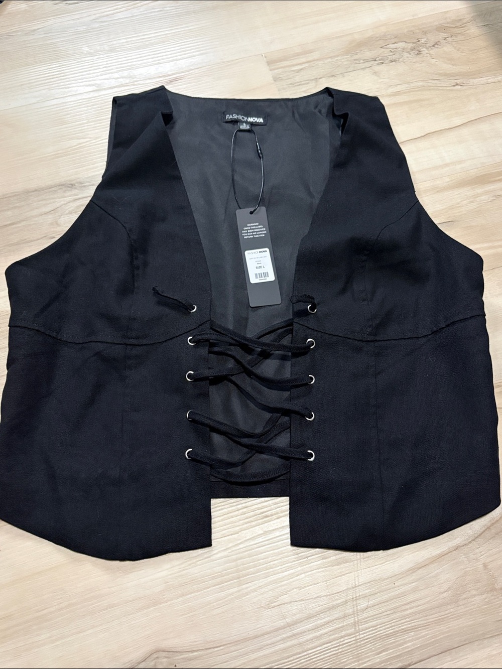 NWT Fashion Nova Black Lace Up Front Vest Top - Size Large linen blend witchy